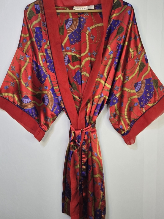 Cacique Other - Cacique Size M Red S/Sl Belted, Silky Kimono/Robe with Purple & Gold Fan Print